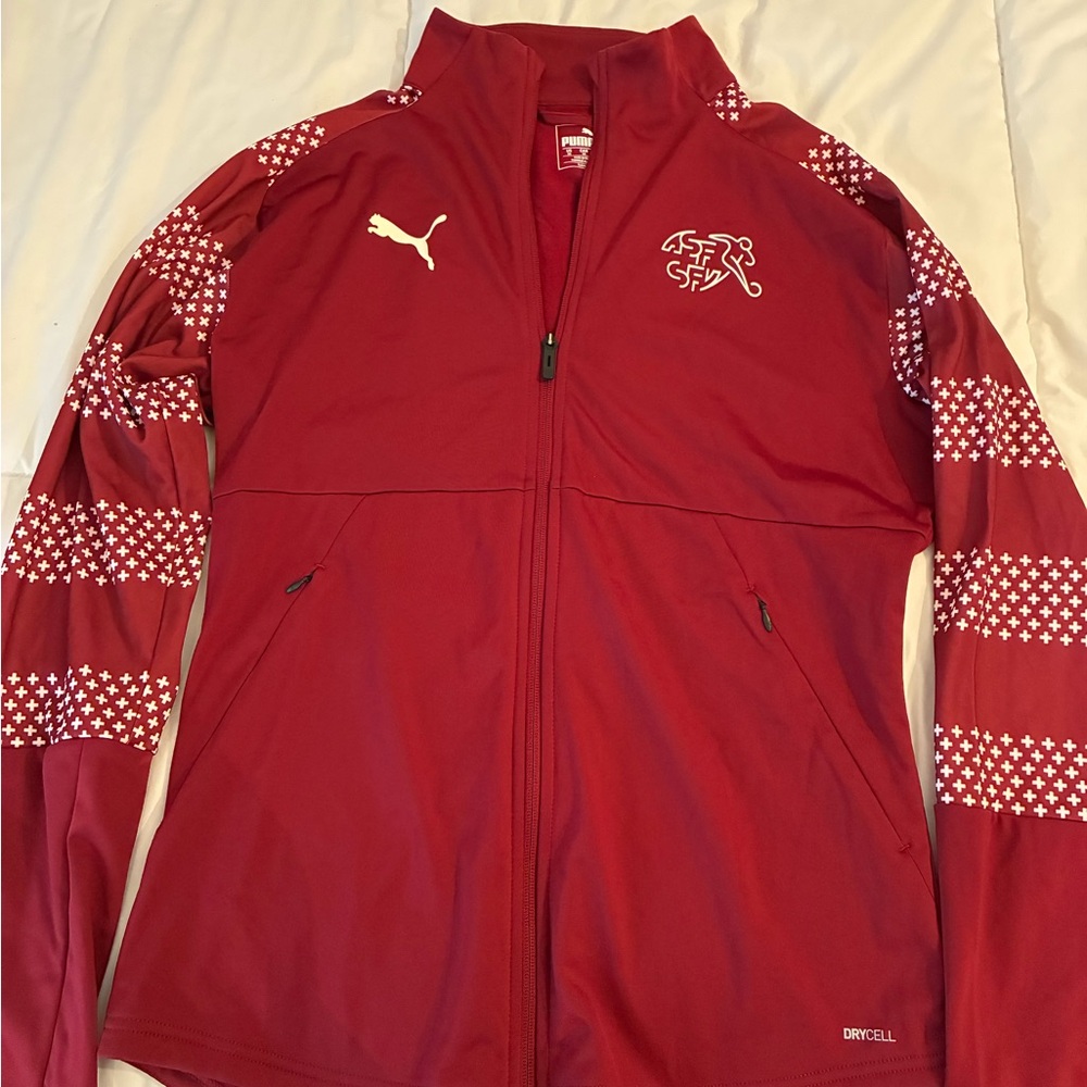 Puma Women's Red Zip-Up Bomber Jacket with White Accents